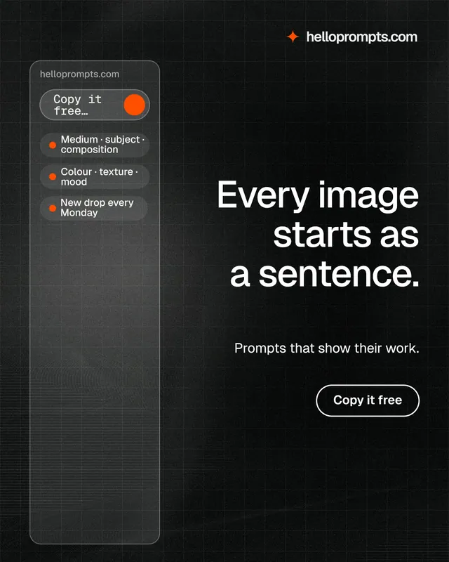 Instagram portrait post for HelloPrompts: "Every image starts as a sentence." Phosphor atlas style, right layout, dark palette in black, grey.