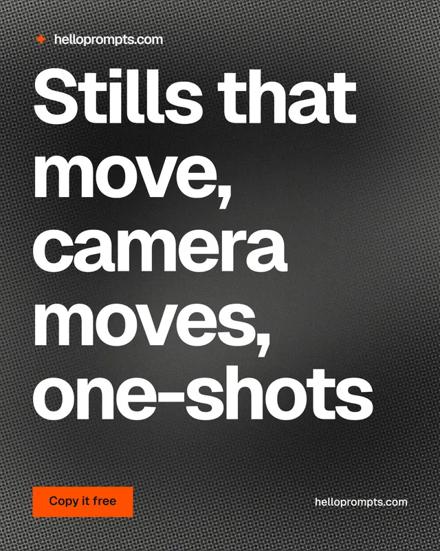 Instagram portrait post for HelloPrompts: "Stills that move, camera moves, one-shots". Swiss style, poster layout, dark palette in black, grey, white.