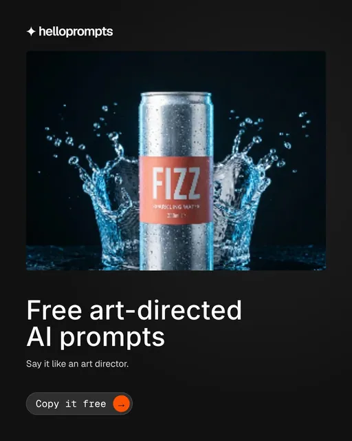 Video for HelloPrompts: "Free art-directed AI prompts". Doc motion loop, 8.0 s, dark palette.