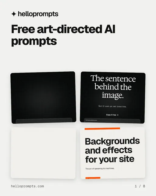 Carousel for HelloPrompts: "Free art-directed AI prompts". Collection carousel, 8 slides, light palette.