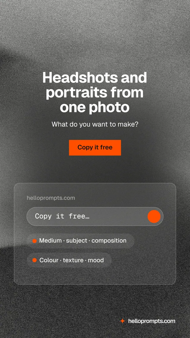 Instagram story for HelloPrompts: "Headshots and portraits from one photo". Swiss style, centred layout, dark palette in grey, black.