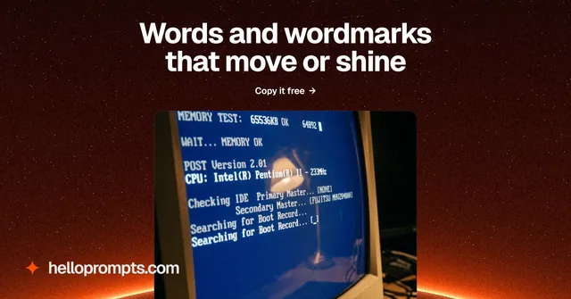 Social ad for HelloPrompts: "Words and wordmarks that move or shine". Swiss style, ogui layout, dark palette in black, blue, red.