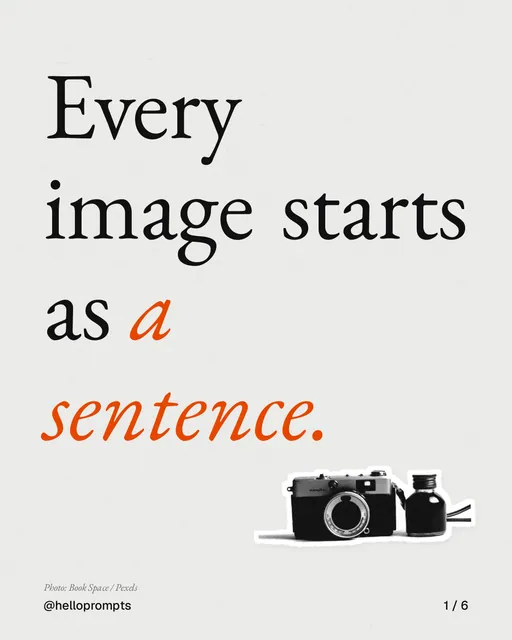 Carousel for HelloPrompts: "Every image starts as a sentence.". Cutout essay, 6 slides, light palette.