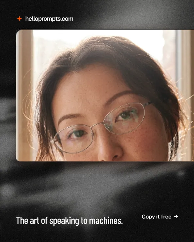 Instagram portrait post for HelloPrompts: "The art of speaking to machines." Dark deco style, image led layout, dark palette in black, grey, orange.