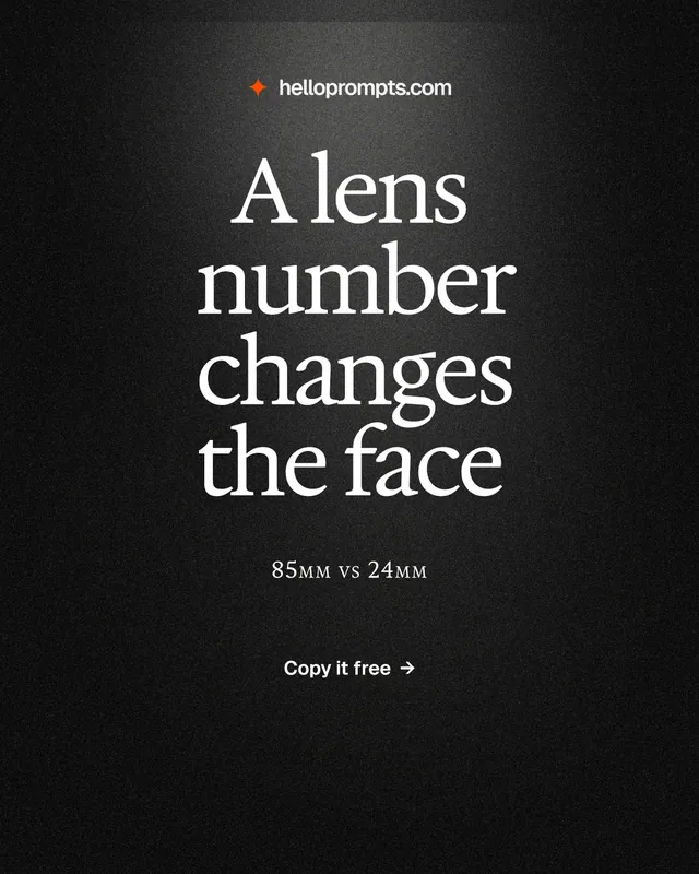 Instagram portrait post for HelloPrompts: "A lens number changes the face". Dark deco style, smallcaps layout, dark palette in black, grey.