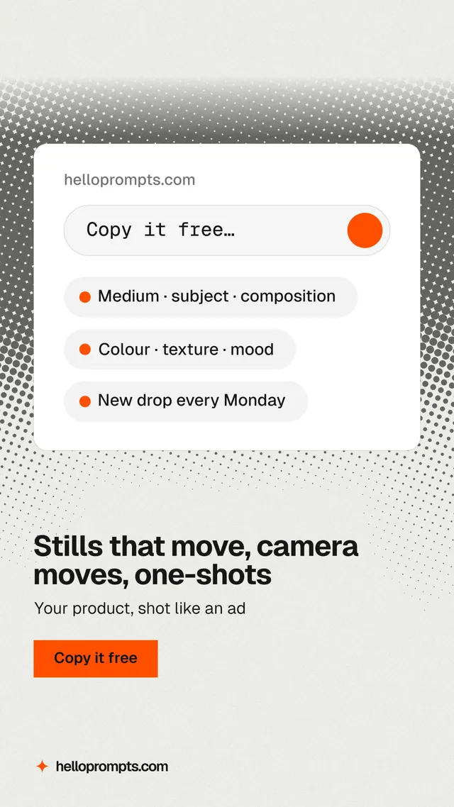 Instagram story for HelloPrompts: "Stills that move, camera moves, one-shots". Swiss style, bottom layout, light palette in white, grey.