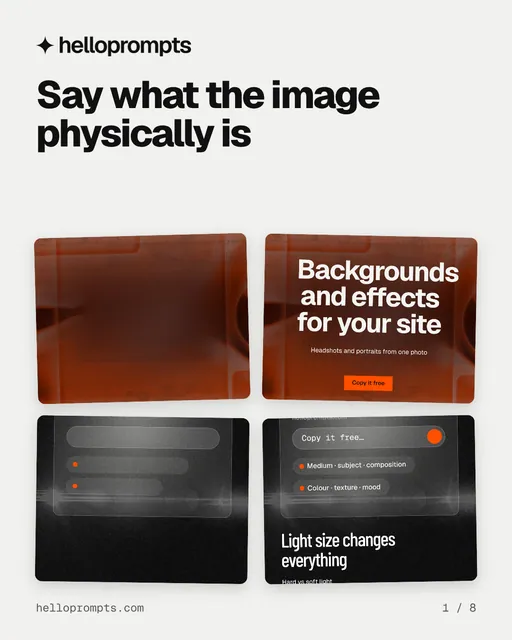 Carousel for HelloPrompts: "Say what the image physically is". Collection carousel, 8 slides, light palette.