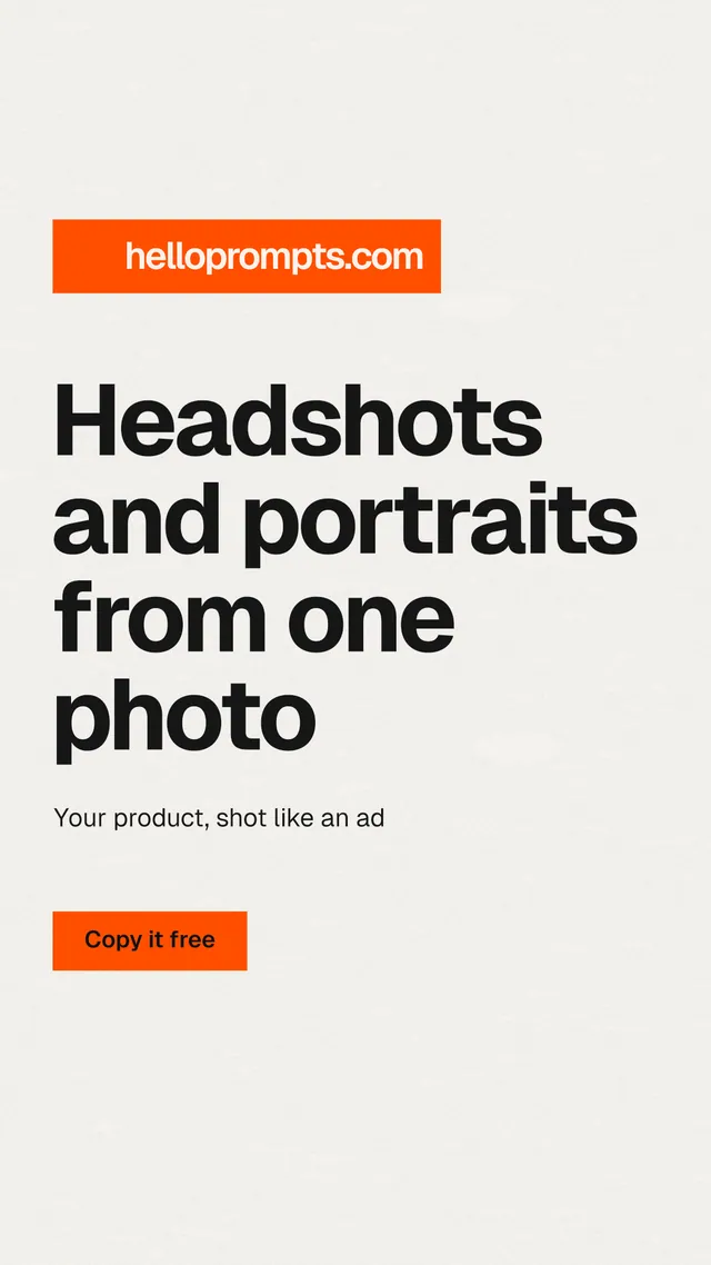 Instagram story for HelloPrompts: "Headshots and portraits from one photo". Swiss style, announce layout, light palette in white, orange.