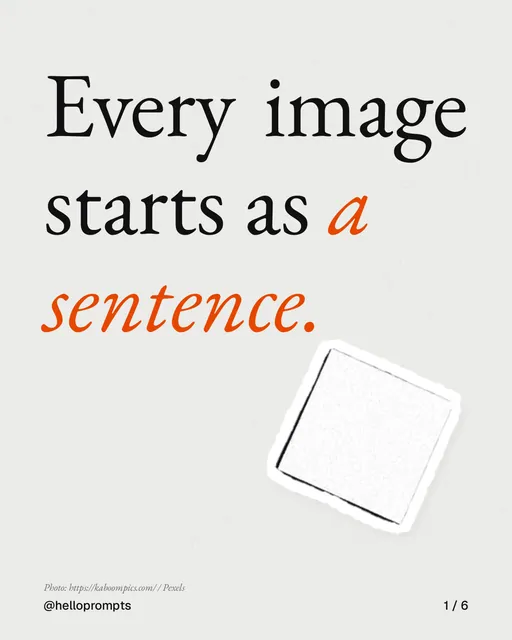Carousel for HelloPrompts: "Every image starts as a sentence.". Cutout essay, 6 slides, light palette.