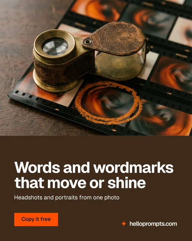 Instagram portrait post for HelloPrompts: "Words and wordmarks that move or shine". Swiss style, bottom layout, dark palette in orange, grey, black.