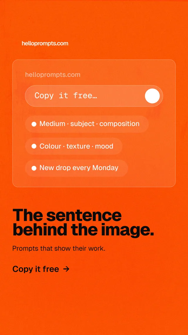 Instagram story for HelloPrompts: "The sentence behind the image." Turn card style, bottom layout, light palette in orange.