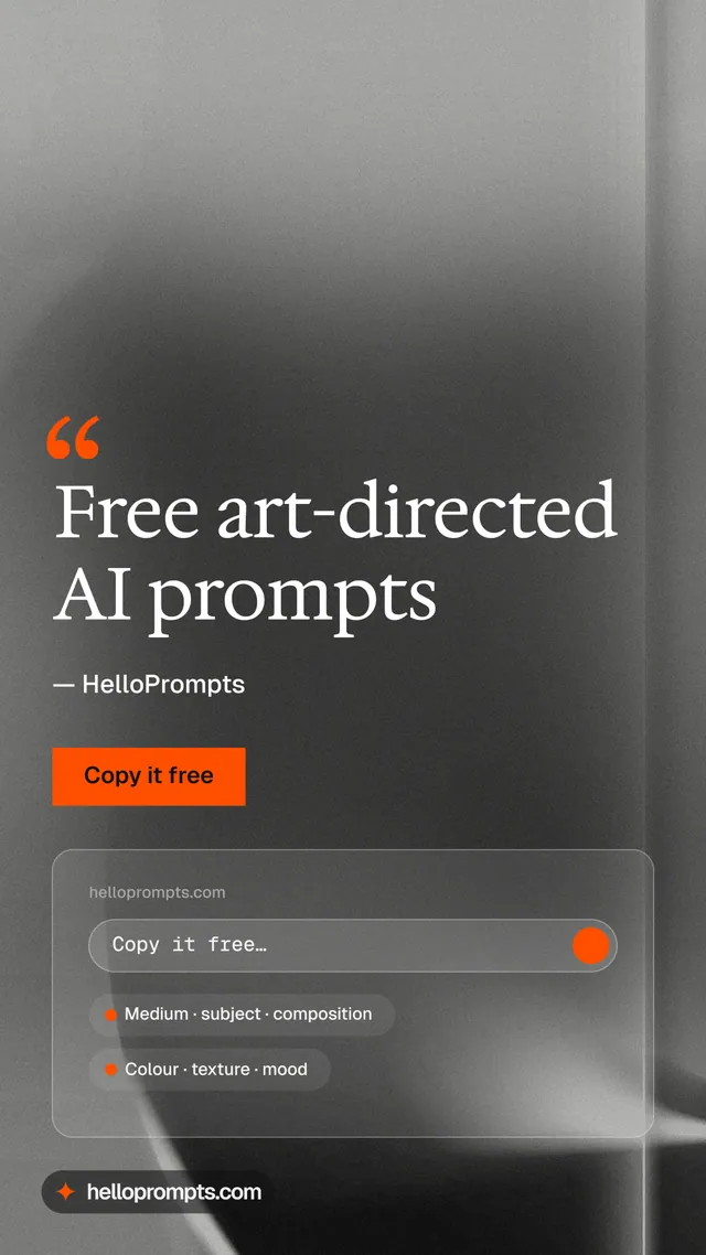 Instagram story for HelloPrompts: "Free art-directed AI prompts". Swiss style, quote layout, dark palette in grey, black.