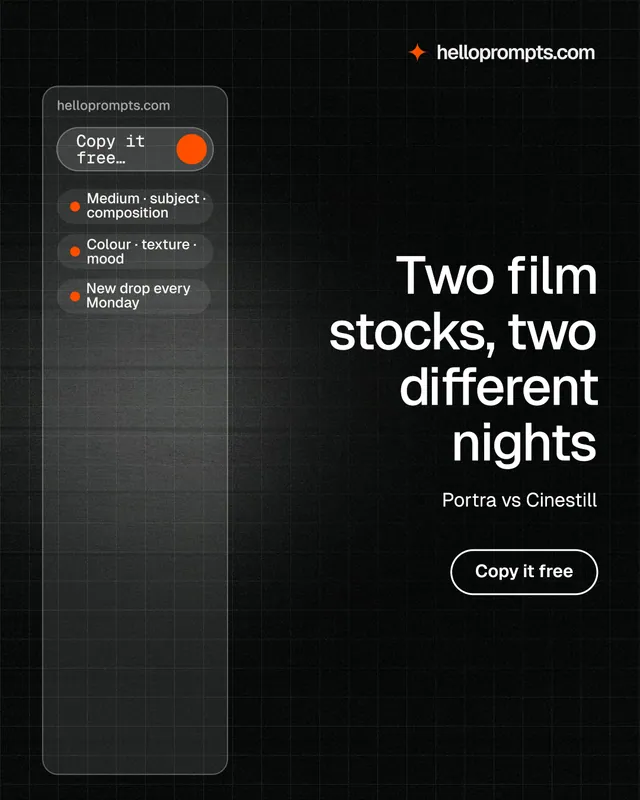Instagram portrait post for HelloPrompts: "Two film stocks, two different nights". Phosphor atlas style, right layout, dark palette in black, grey.