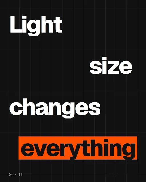 Video for HelloPrompts: "Light size changes everything". Kinetic type grid, 6.0 s, dark palette.