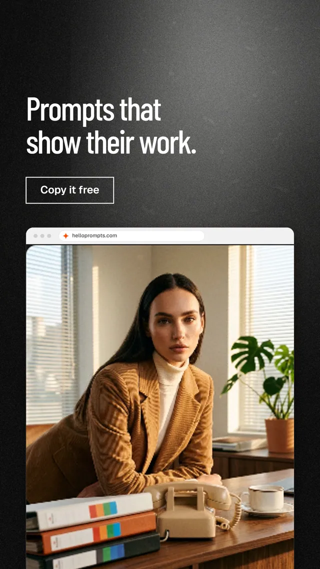 Instagram story for HelloPrompts: "Prompts that show their work." Dark deco style, browser layout, dark palette in black, orange, grey.