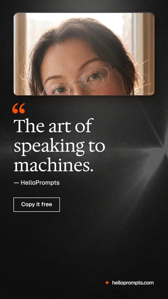 Instagram story for HelloPrompts: "The art of speaking to machines." Dark deco style, quote layout, dark palette in black, grey, orange.