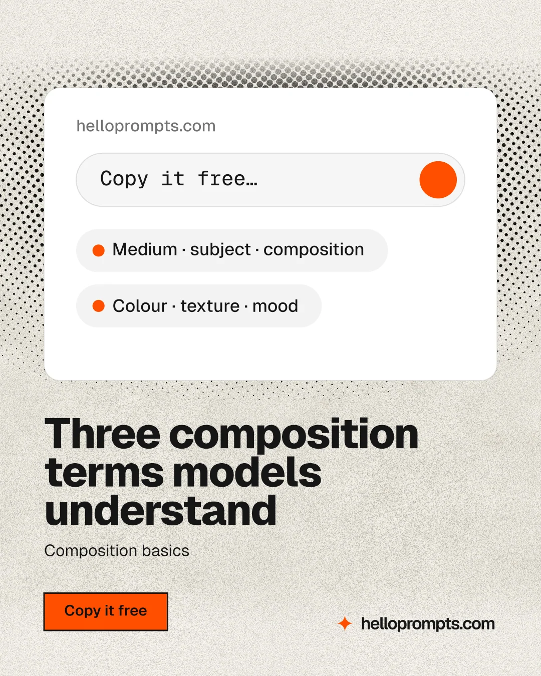 Instagram portrait post for HelloPrompts: "Three composition terms models understand". Ink sticker style, bottom layout, light palette in white, orange, grey.