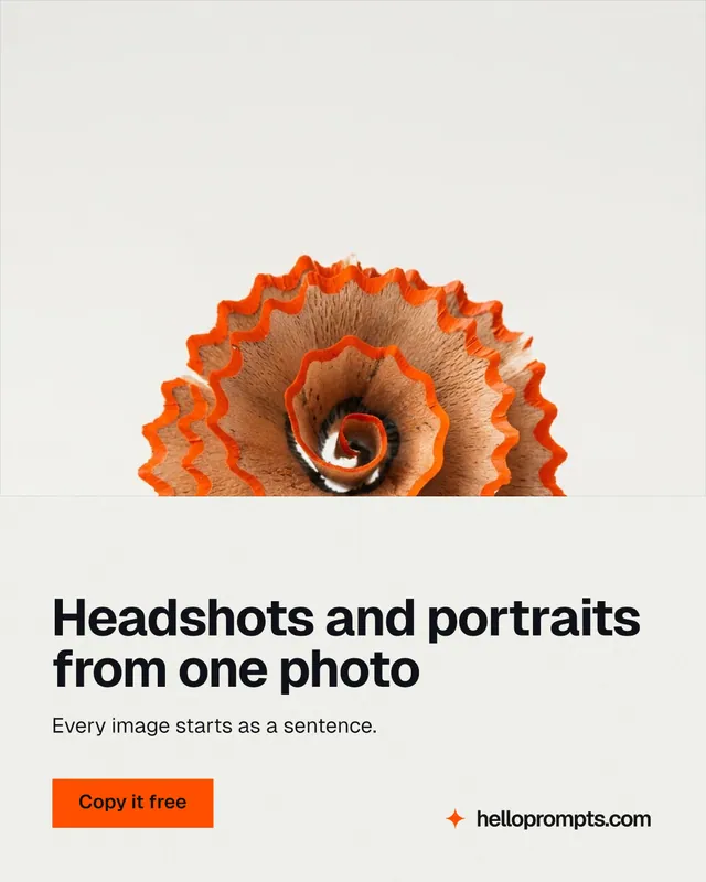 Instagram portrait post for HelloPrompts: "Headshots and portraits from one photo". Swiss style, bottom layout, light palette in white, brown.