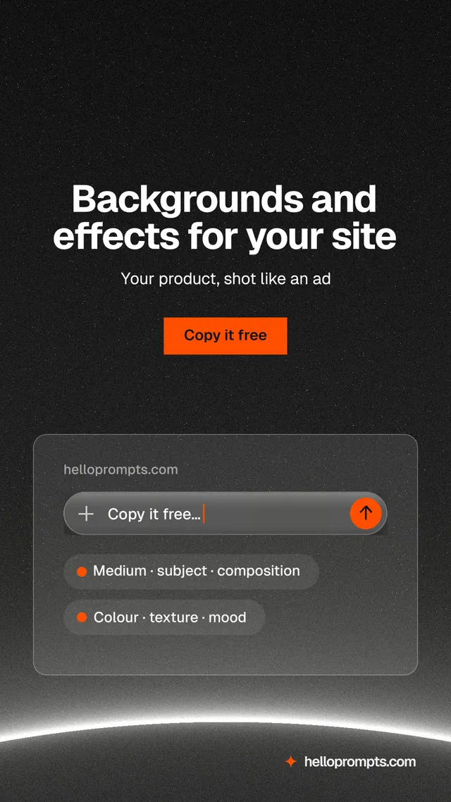 Instagram story for HelloPrompts: "Backgrounds and effects for your site". Swiss style, centred layout, dark palette in black, grey.