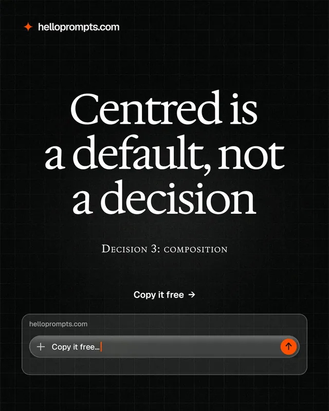Instagram portrait post for HelloPrompts: "Centred is a default, not a decision". Phosphor atlas style, smallcaps layout, dark palette in black, grey.