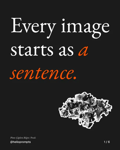 Carousel for HelloPrompts: "Every image starts as a sentence.". Cutout essay, 6 slides, dark palette.