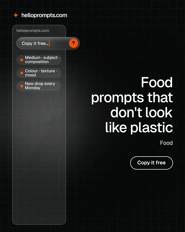 Instagram portrait post for HelloPrompts: "Food prompts that don't look like plastic". Phosphor atlas style, right layout, dark palette in black, grey.