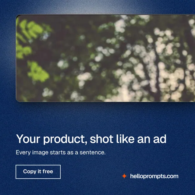 Instagram post for HelloPrompts: "Your product, shot like an ad". Cyanotype style, bottom layout, dark palette in grey, blue.