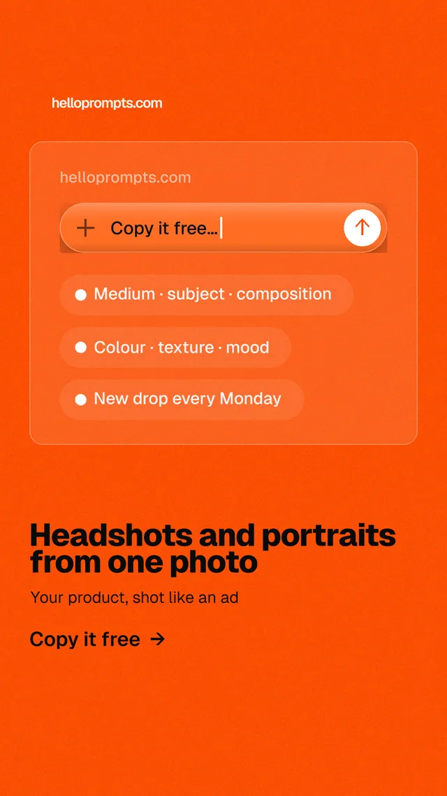 Instagram story for HelloPrompts: "Headshots and portraits from one photo". Turn card style, bottom layout, light palette in orange.
