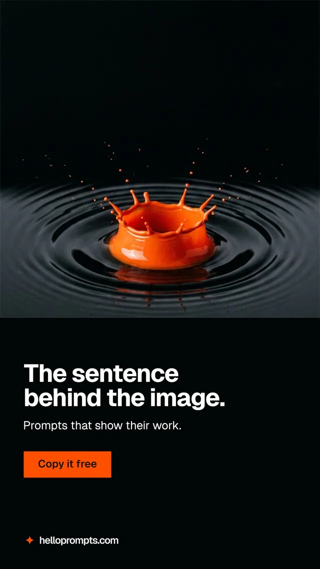 Instagram story for HelloPrompts: "The sentence behind the image." Swiss style, bottom layout, dark palette in black, grey.