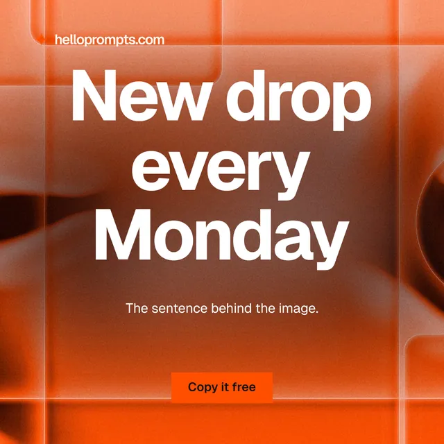 Instagram post for HelloPrompts: "New drop every Monday". Swiss style, centred layout, dark palette in red, orange.
