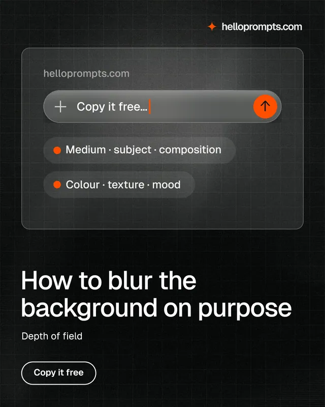 Instagram portrait post for HelloPrompts: "How to blur the background on purpose". Phosphor atlas style, bottom layout, dark palette in black, grey.