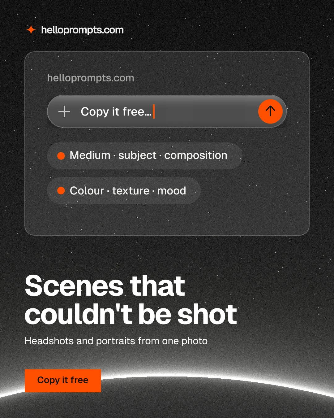 Instagram portrait post for HelloPrompts: "Scenes that couldn't be shot". Swiss style, bottom layout, dark palette in black, grey.