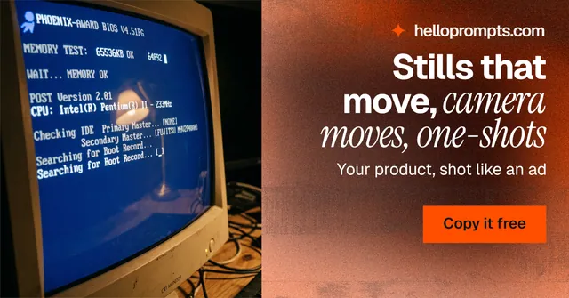 Social ad for HelloPrompts: "Stills that move, camera moves, one-shots". Swiss style, right layout, dark palette in blue, orange, red.