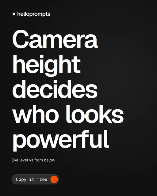 Video for HelloPrompts: "Camera height decides who looks powerful". Doc motion loop, 6.0 s, dark palette.