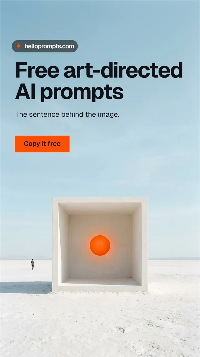 Instagram story for HelloPrompts: "Free art-directed AI prompts". Swiss style, bottom layout, light palette in blue, grey, white.
