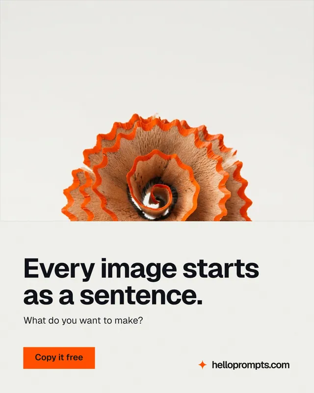 Instagram portrait post for HelloPrompts: "Every image starts as a sentence." Swiss style, bottom layout, light palette in white, brown.