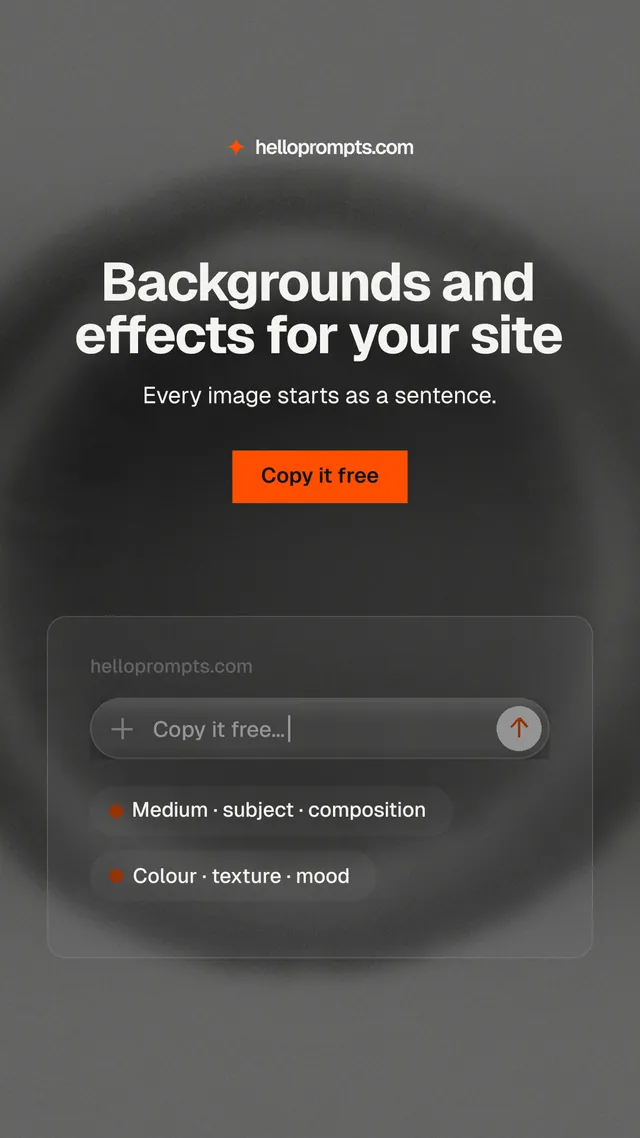 Instagram story for HelloPrompts: "Backgrounds and effects for your site". Swiss style, centred layout, dark palette in grey, black.