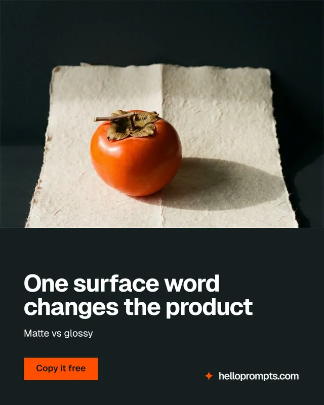 Instagram portrait post for HelloPrompts: "One surface word changes the product". Swiss style, bottom layout, dark palette in black, yellow, orange.