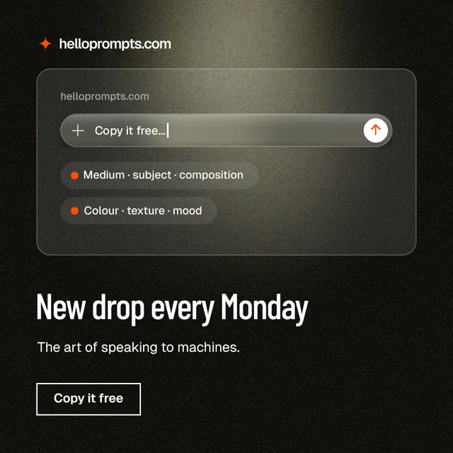 Instagram post for HelloPrompts: "New drop every Monday". Dark deco style, bottom layout, dark palette in black, grey.