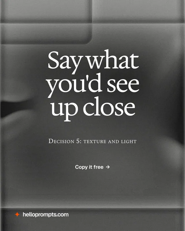 Instagram portrait post for HelloPrompts: "Say what you'd see up close". Swiss style, smallcaps layout, dark palette in grey, black.
