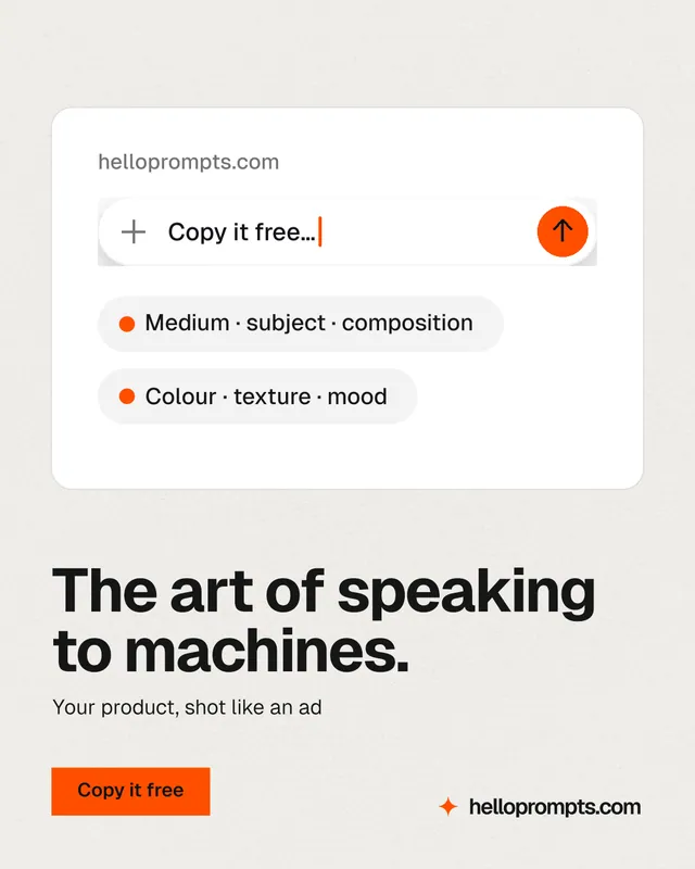 Instagram portrait post for HelloPrompts: "The art of speaking to machines." Swiss style, bottom layout, light palette in white, grey.