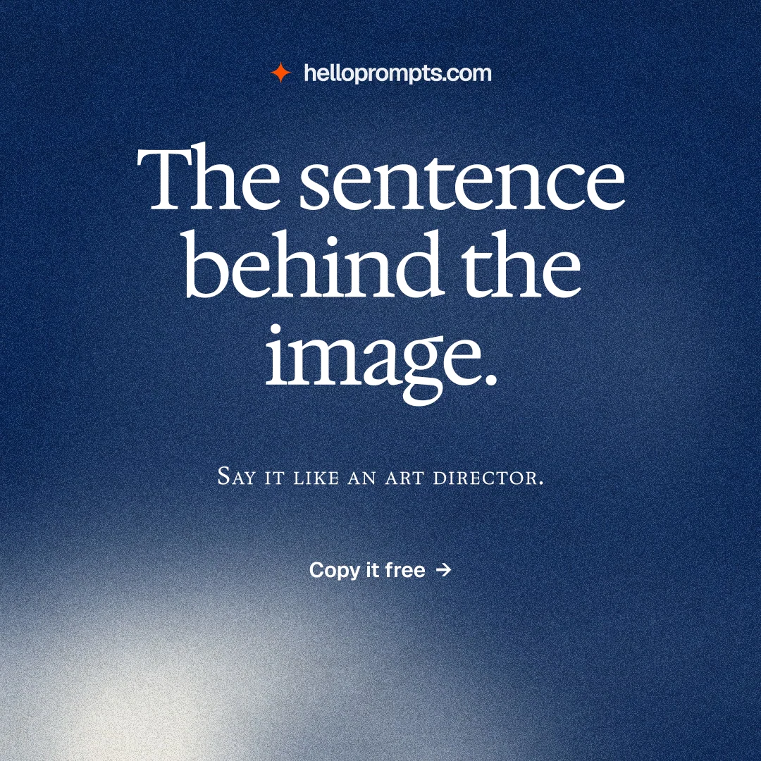 Instagram post for HelloPrompts: "The sentence behind the image." Cyanotype style, smallcaps layout, dark palette in blue, grey.