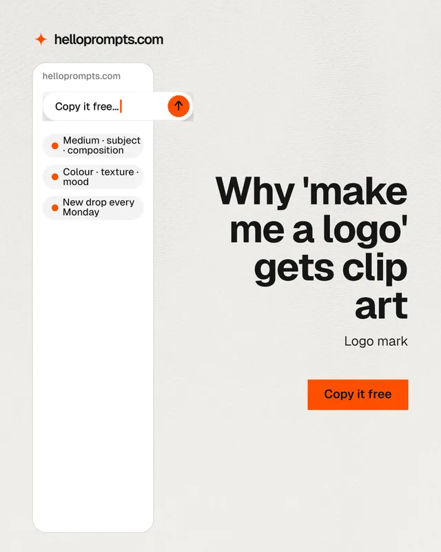 Instagram portrait post for HelloPrompts: "Why 'make me a logo' gets clip art". Swiss style, right layout, light palette in white, grey.