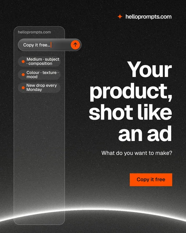 Instagram portrait post for HelloPrompts: "Your product, shot like an ad". Swiss style, right layout, dark palette in black, grey.