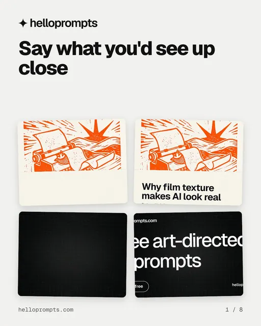 Carousel for HelloPrompts: "Say what you'd see up close". Collection carousel, 8 slides, light palette.