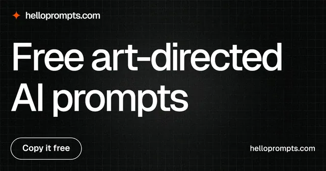 Social ad for HelloPrompts: "Free art-directed AI prompts". Phosphor atlas style, poster layout, dark palette in black, grey.