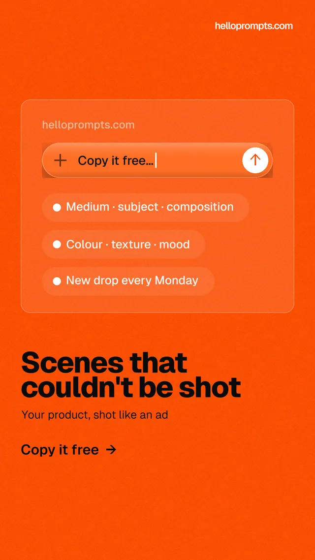 Instagram story for HelloPrompts: "Scenes that couldn't be shot". Turn card style, bottom layout, light palette in orange.