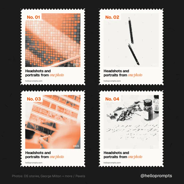 Instagram post for HelloPrompts: "Headshots and portraits from one photo". Sheet style, technique:stamp series layout, light palette in black, white, orange.