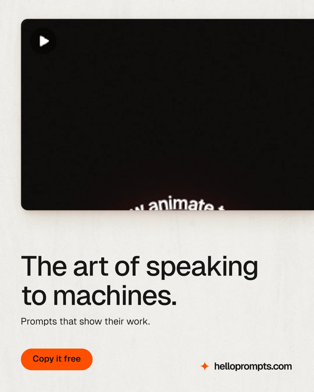 Instagram portrait post for HelloPrompts: "The art of speaking to machines." Data card style, bottom layout, light palette in black, white.