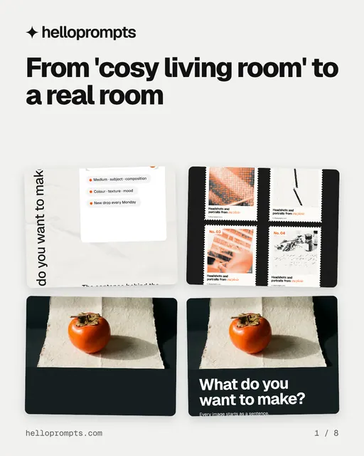 Carousel for HelloPrompts: "From 'cosy living room' to a real room". Collection carousel, 8 slides, light palette.